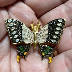 Vintage Made in Spain Damascene enamel butterfly brooch.